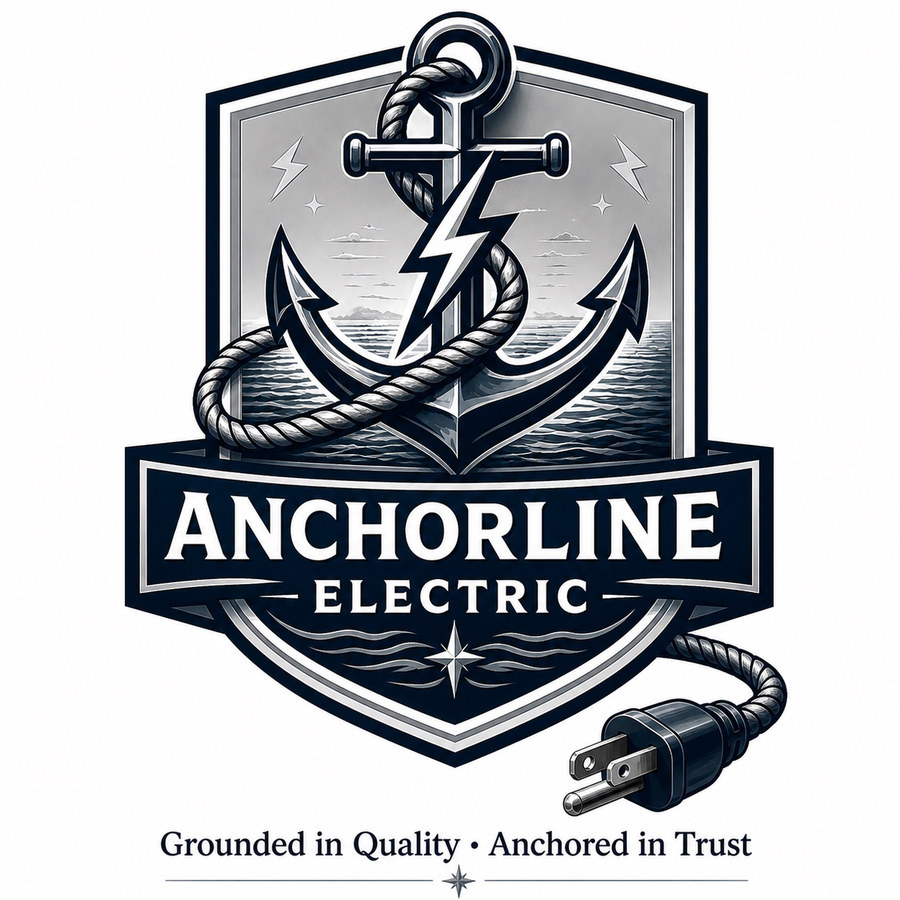 AnchorLine Electric official logo: anchor, lightning bolt, rope and shield